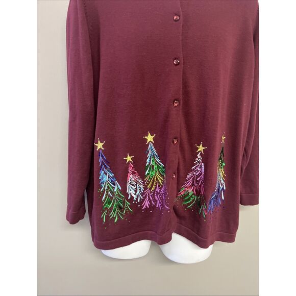 Quacker Factory Women’s Red Cardigan Sequins Tree Embroidered Long Sleeves Large - Picture 3 of 12